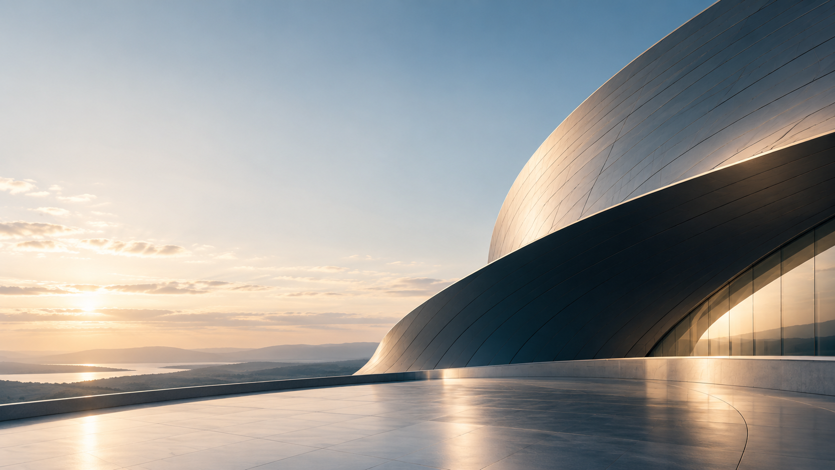 Sweeping sculptural architecture with deep petrol metal curves and warm light